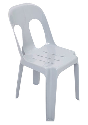 Rapidline Pippee heavy duty stacking chair in white, front three quarter view, showing the one-piece monobloc shell with the keyhole cut-out backrest.