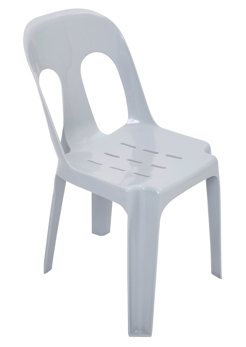 Rapidline Pippee heavy duty stacking chair in white, front three quarter view, showing the one-piece monobloc shell with the keyhole cut-out backrest.