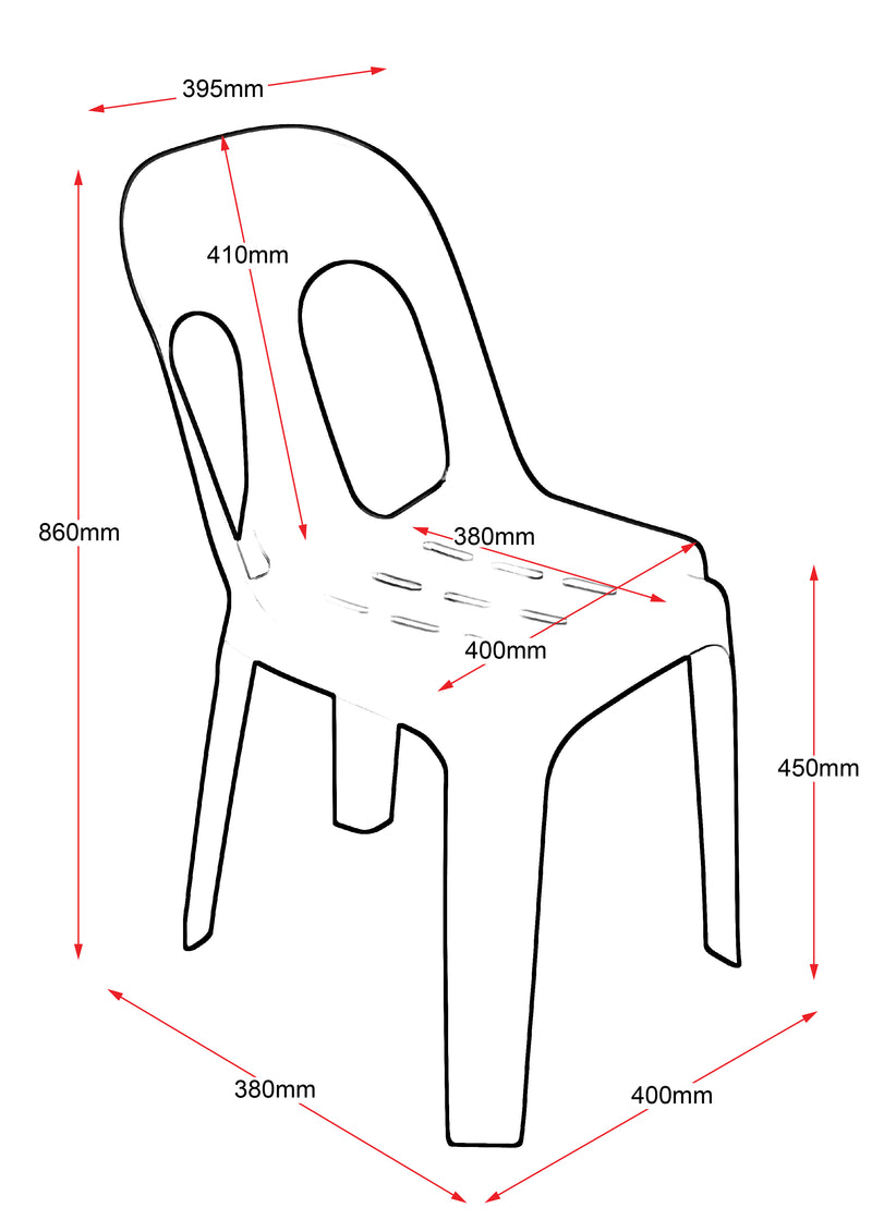 Dimensioned line drawing of the Rapidline Pippee stacking chair showing 860mm overall height, 450mm seat height, 400mm width and 380mm depth.