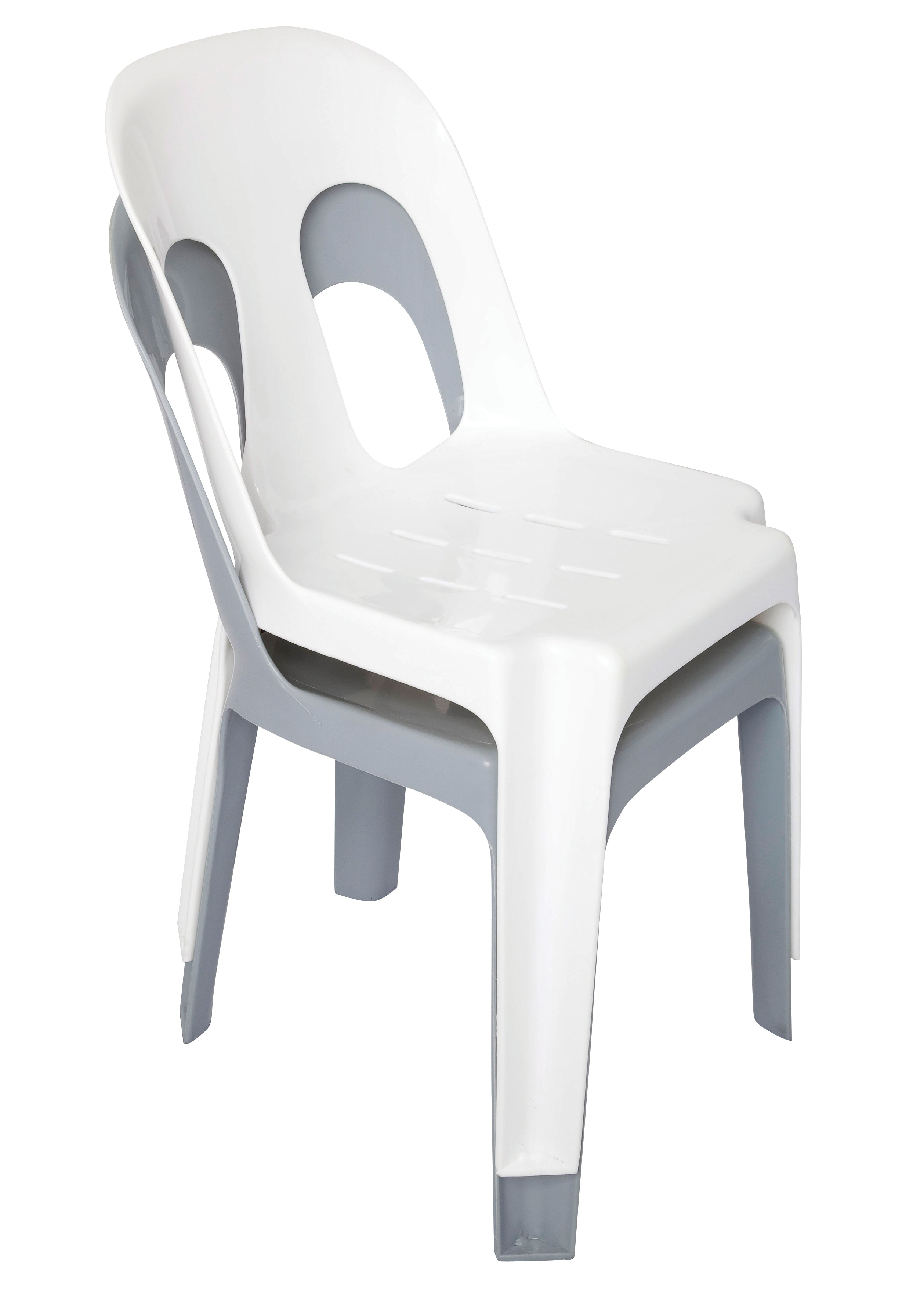 Two Rapidline Pippee stacking chairs in white nested one on top of the other, showing how the range stacks for storage.