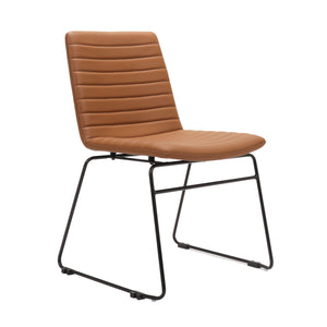 Rapidline Pixel sled base visitor chair photographed from a front three quarter angle, Amber PU seat and back with ribbed horizontal stitching, mounted on a continuous black powdercoated sled frame, on a plain white background.