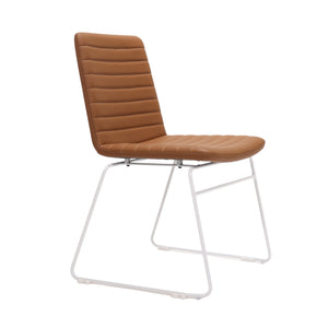 Rapidline Pixel sled base visitor chair photographed from a front three quarter angle, Amber PU seat and back with ribbed horizontal stitching, mounted on a continuous white powdercoated sled frame, on a plain white background.