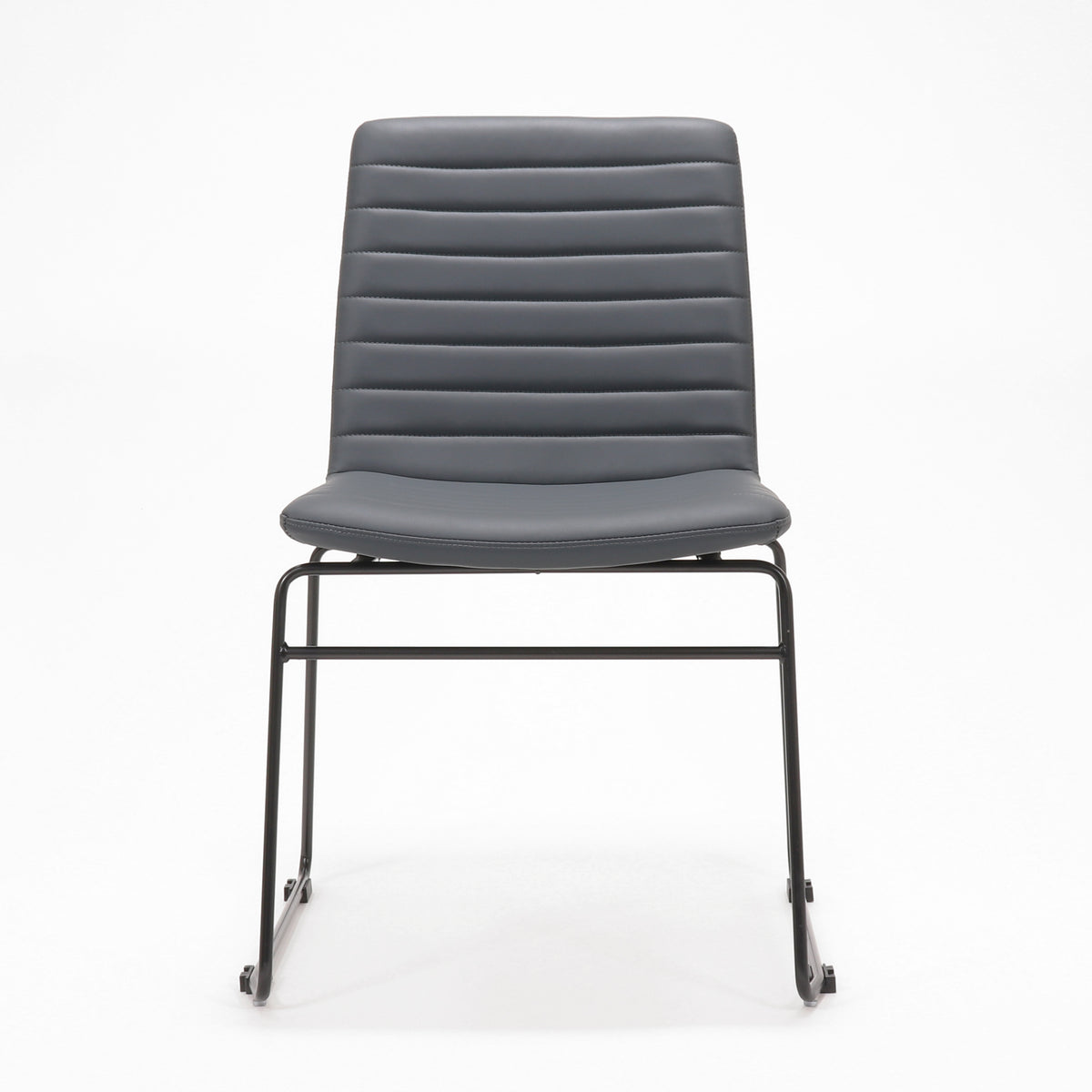 Rapidline Pixel sled base visitor chair in French Navy PU with a black powdercoated sled frame, photographed square on from the front on a white background, showing the ribbed horizontal stitching across the seat and backrest.