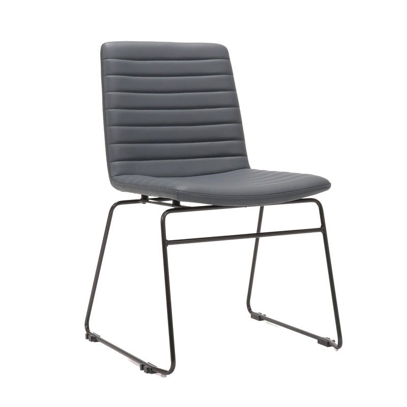 Rapidline Pixel sled base visitor chair photographed from a front three quarter angle, French Navy PU seat and back with ribbed horizontal stitching, mounted on a continuous black powdercoated sled frame, on a plain white background.