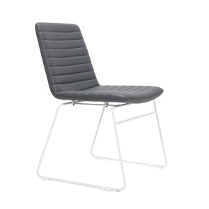 Rapidline Pixel sled base visitor chair photographed from a front three quarter angle, French Navy PU seat and back with ribbed horizontal stitching, mounted on a continuous white powdercoated sled frame, on a plain white background.