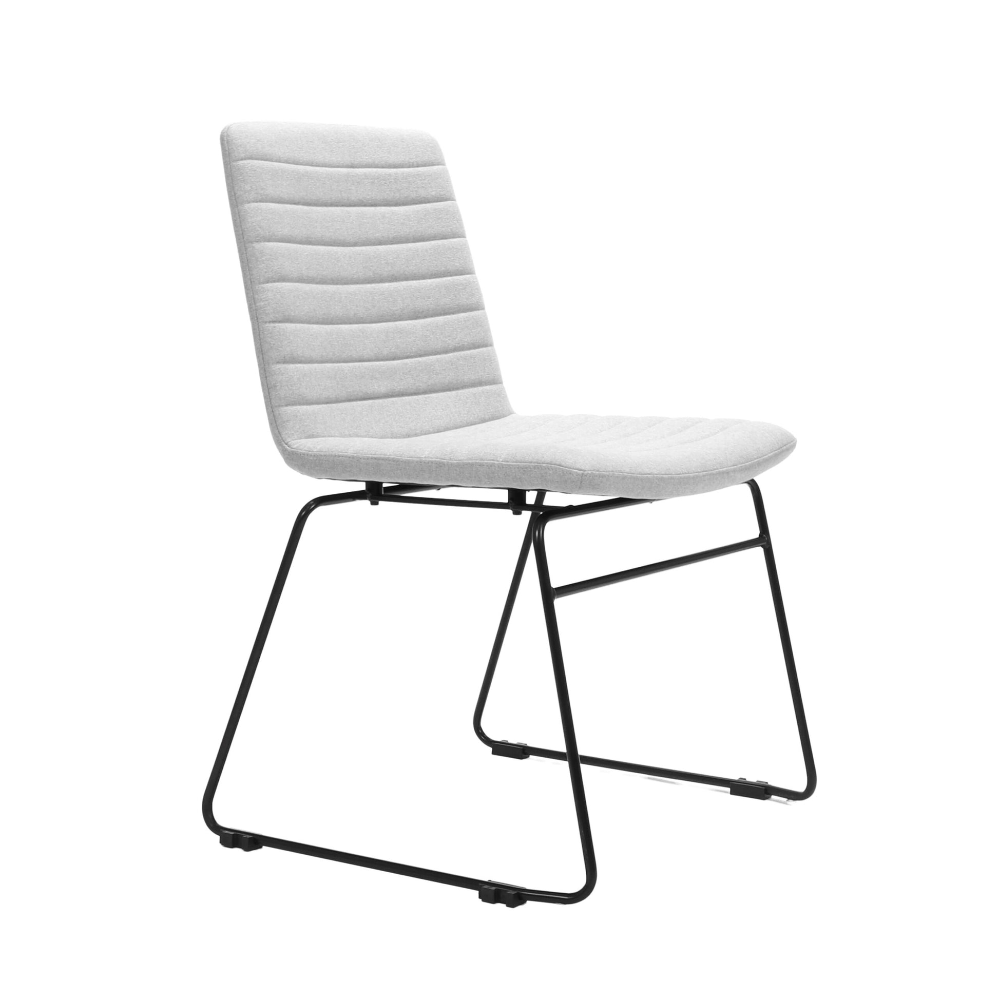 Rapidline Pixel sled base visitor chair photographed from a front three quarter angle, Light Grey fabric seat and back with ribbed horizontal stitching, mounted on a continuous black powdercoated sled frame, on a plain white background.