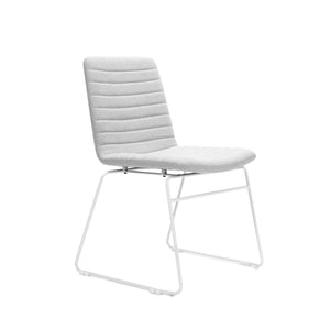 Rapidline Pixel sled base visitor chair photographed from a front three quarter angle, Light Grey fabric seat and back with ribbed horizontal stitching, mounted on a continuous white powdercoated sled frame, on a plain white background.