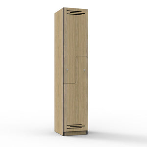 Rapidline Rapid Infinity step door melamine locker in natural oak with black edging, front three-quarter view with both stepped doors closed