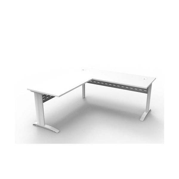 Rapidline Rapid Span desk and return with a two-piece Natural White top on a White Satin span leg frame with perforated metal modesty panels, angled view from above.