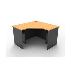 Rapid Worker corner workstation render showing a beech worktop with a cable entry hole on an ironstone panel base with modesty panels.