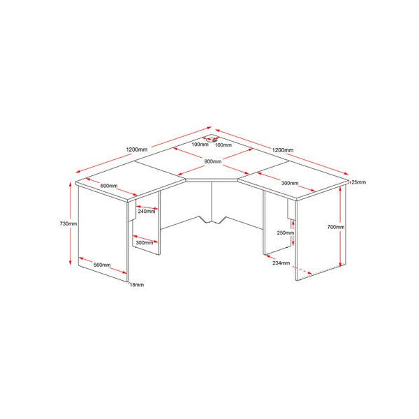 Line drawing of the Rapidline Rapid Worker corner workstation with dimension call-outs for the worktop, wings and panel base.