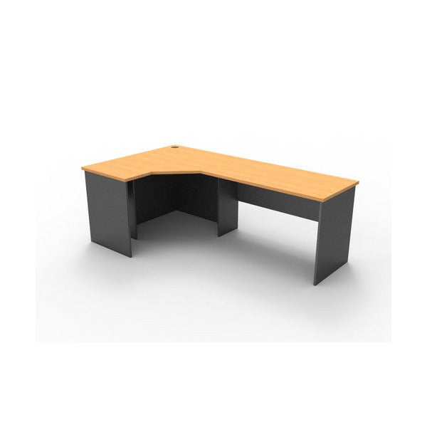 Rapid Worker corner workstation render showing a beech worktop with a cable entry hole on an ironstone panel base with modesty panels.