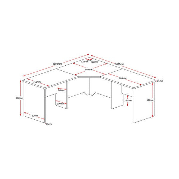 Line drawing of the Rapidline Rapid Worker corner workstation with dimension call-outs for the worktop, wings and panel base.