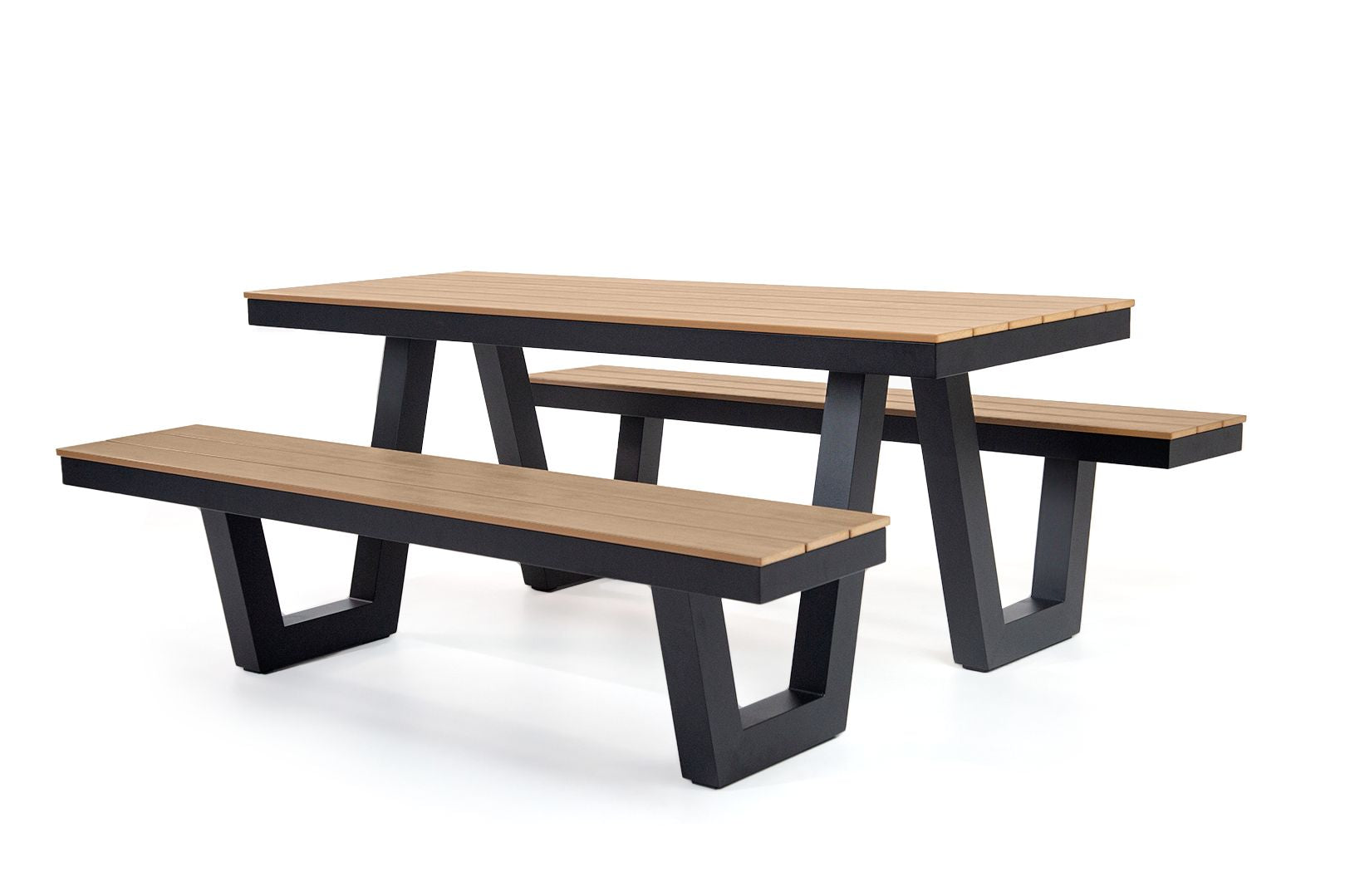 Close detail of the Rapidline Ridge picnic table frame where the bench arm joins the table leg, in black powdercoated aluminium with stainless steel fixings.