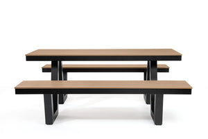 Rapidline Ridge outdoor picnic table with attached bench seats, European Oak finish polywood slats on a black powdercoated aluminium A frame, shown from a front three quarter angle. Range image shared across the picnic setting sizes.