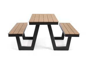 Rapidline Ridge outdoor picnic table shown from the end, with the angled black frames joining the table and benches.