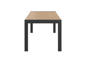 Rapidline Ridge 2300mm outdoor table with European Oak finish polywood slat top and black powdercoated aluminium frame, shown from a front three quarter angle on a plain background.