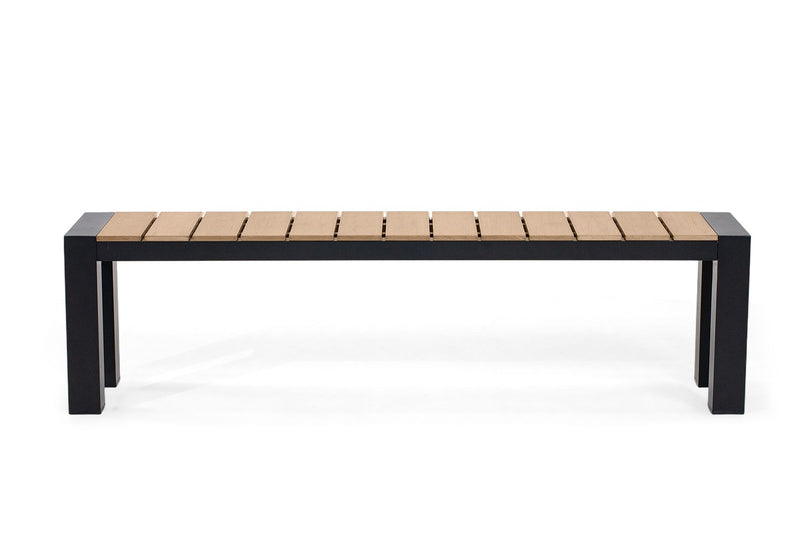Close detail of the Rapidline Ridge bench seat end, showing the stainless steel fixings through the European Oak polywood slats into the black frame.