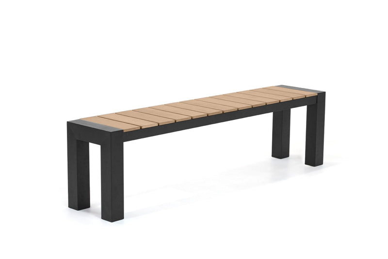 Rapidline Ridge outdoor bench seat with European Oak finish polywood slats on a black powdercoated aluminium base, shown from a front three quarter angle on a plain background.
