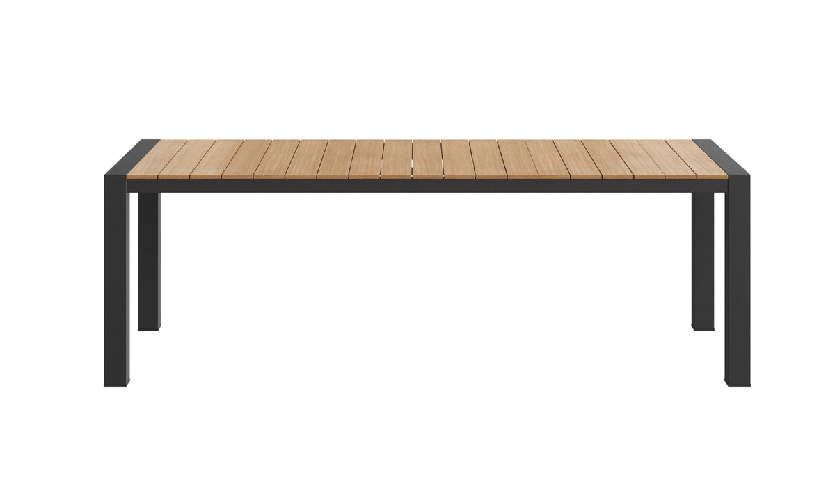 Close detail of the Rapidline Ridge outdoor table leg and frame junction in black powdercoated aluminium with stainless steel fixings.