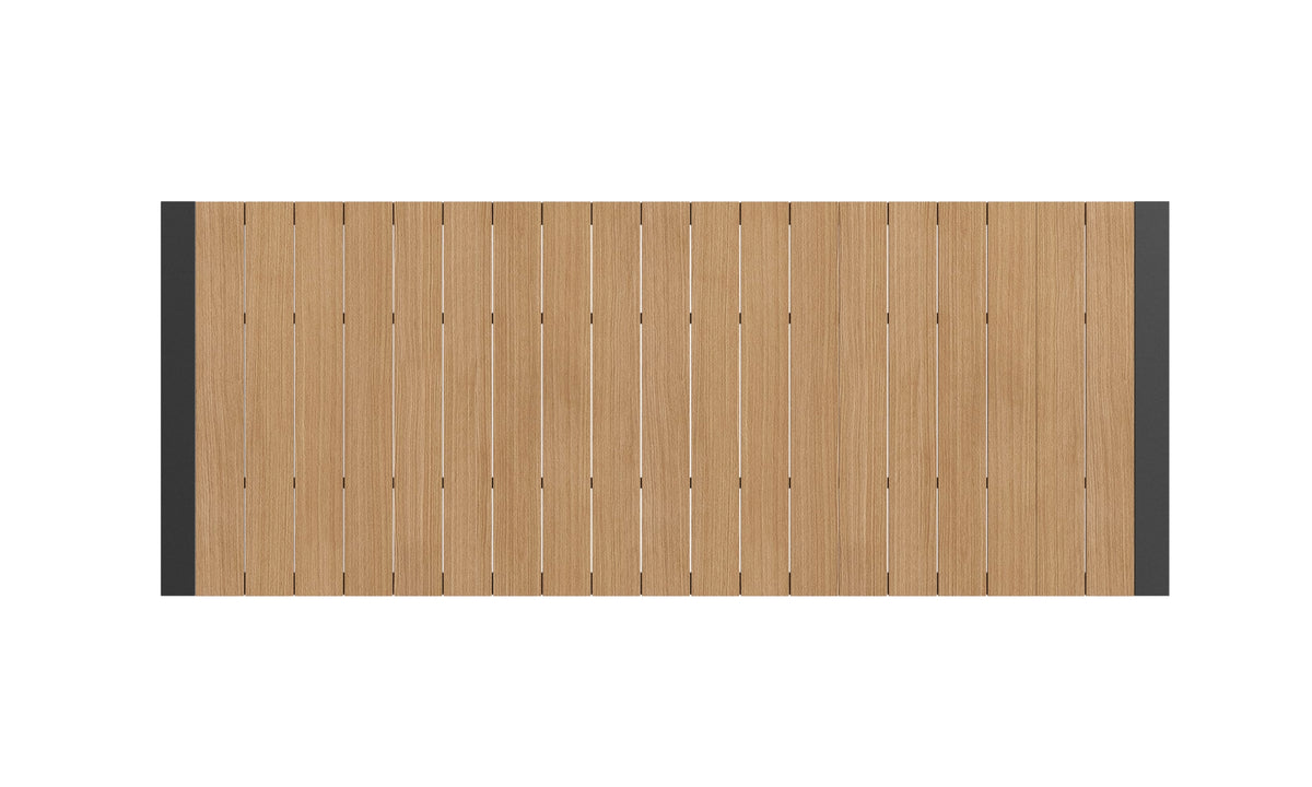 Overhead view of the Rapidline Ridge rectangular outdoor table showing the run of European Oak polywood slats along the length of the top.