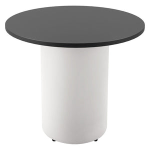 Rapidline drum base round table with a black top on a white powdercoated drum base, shown on a white background