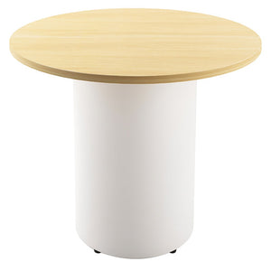 Rapidline drum base round table with a natural oak top on a white powdercoated drum base, shown on a white background