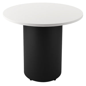 Rapidline drum base round table with a natural white top on a black powdercoated drum base, shown on a white background