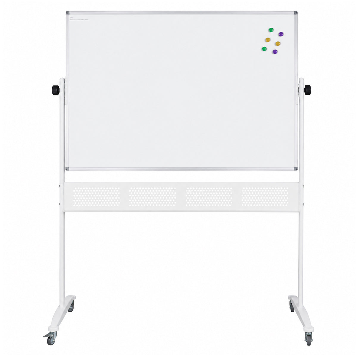 Front product view of the Rapidline Standard Mobile Magnetic Whiteboard 1200 x 900mm on a clean white background. The image shows the aluminium framed magnetic board, side pivot controls, mobile support frame, perforated lower panel and castor equipped feet, providing a clear view of the complete freestanding whiteboard configuration.