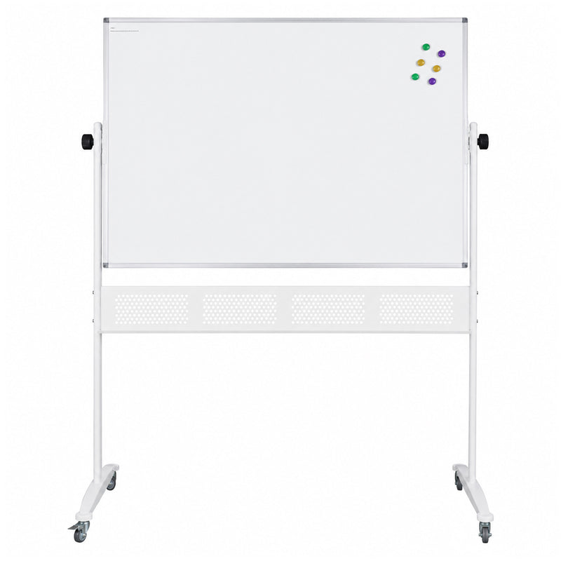 Front product view of the Rapidline Standard Mobile Magnetic Whiteboard 1200 x 900mm on a clean white background. The image shows the aluminium framed magnetic board, side pivot controls, mobile support frame, perforated lower panel and castor equipped feet, providing a clear view of the complete freestanding whiteboard configuration.