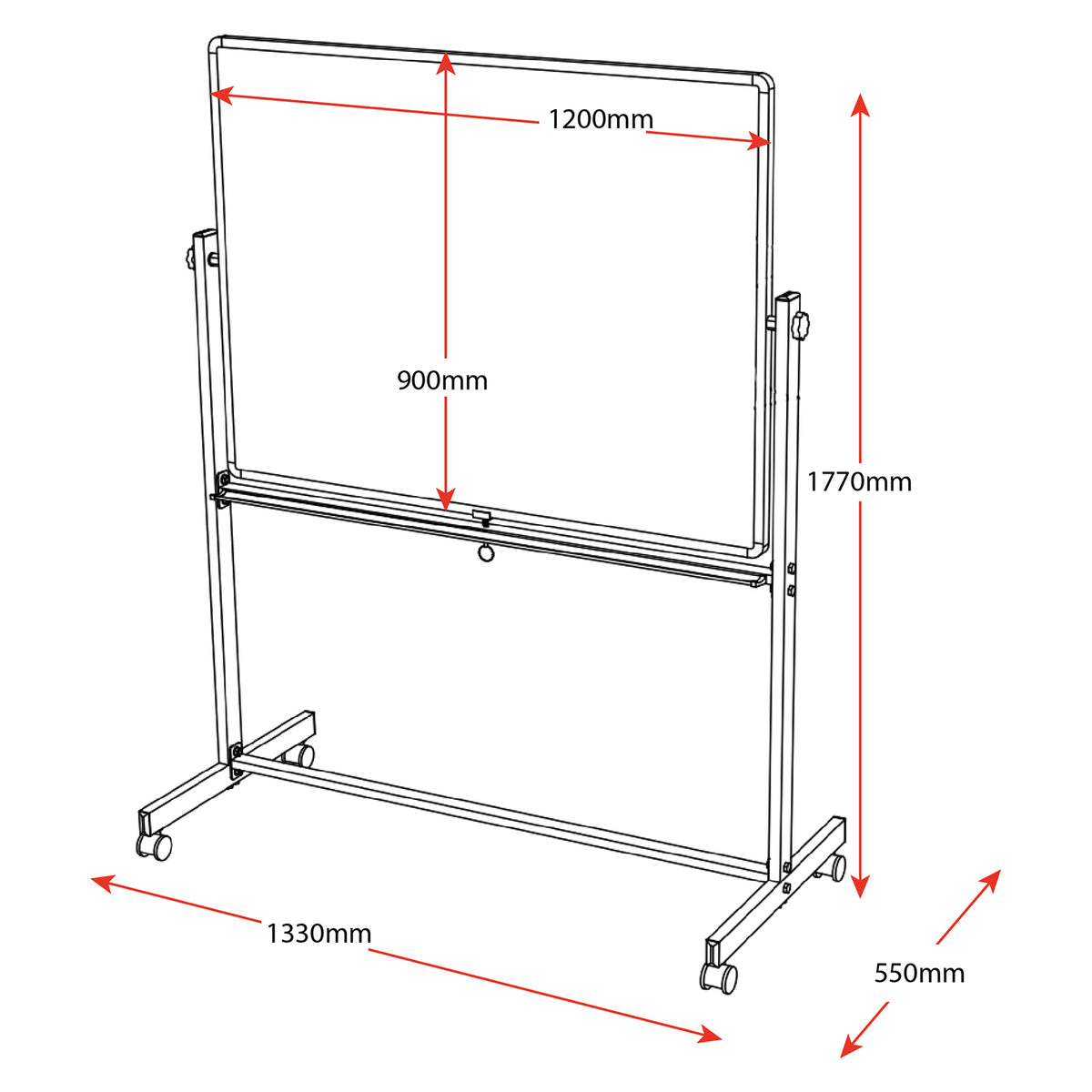 Technical dimension illustration of the Rapidline Standard Mobile Magnetic Whiteboard showing the 1200mm wide by 900mm high board surface. The diagram also identifies the complete mobile unit dimensions of 1330mm width, 1770mm height and 550mm depth to assist with workspace planning and product selection.