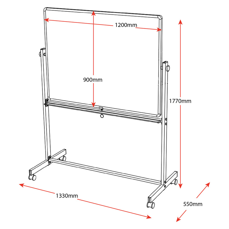 Technical dimension illustration of the Rapidline Standard Mobile Magnetic Whiteboard showing the 1200mm wide by 900mm high board surface. The diagram also identifies the complete mobile unit dimensions of 1330mm width, 1770mm height and 550mm depth to assist with workspace planning and product selection.