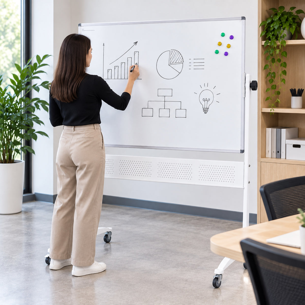 Rapidline Standard Mobile Magnetic Whiteboard 1200 x 900mm in a contemporary office, with a person drawing charts and diagrams on the magnetic writing surface. The aluminium framed board is supported by its mobile stand and castors, demonstrating how it can be used for workplace presentations, brainstorming sessions and collaborative planning.