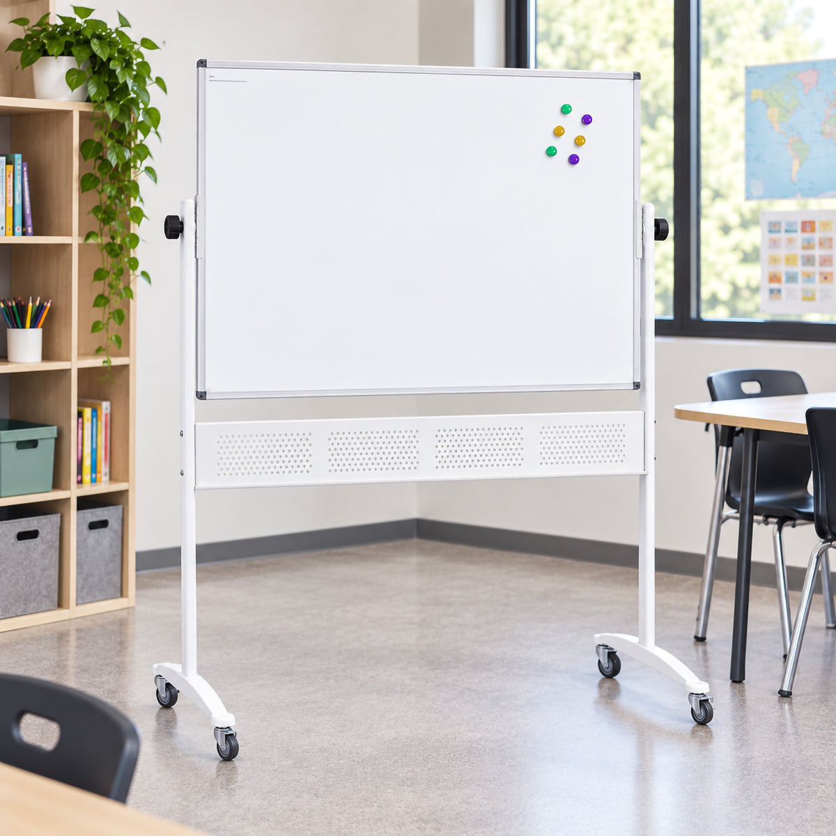 Rapidline Standard Mobile Magnetic Whiteboard positioned in a bright classroom environment with shelving, tables and learning materials nearby. The 1200 x 900mm magnetic board is shown on its full mobile stand with castors, demonstrating a flexible solution for lessons, presentations, notices and collaborative activities in educational spaces.