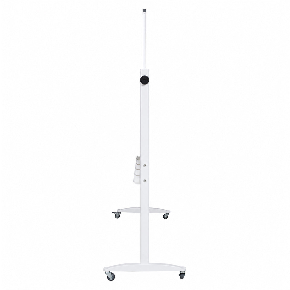 Side profile of the Rapidline mobile magnetic whiteboard on a clean white background, showing the slim board depth, upright support frame, pivot adjustment mechanism and mobile castor base. This view demonstrates the compact side footprint and freestanding construction for moving and positioning the board throughout offices, classrooms and training areas.