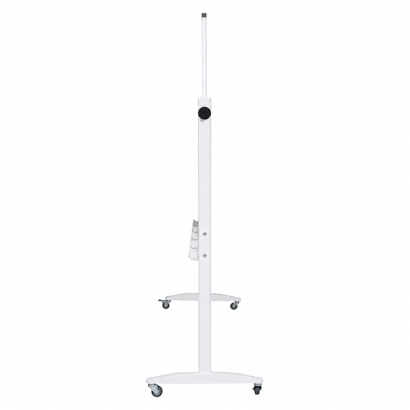 Side profile of the Rapidline mobile magnetic whiteboard on a clean white background, showing the slim board depth, upright support frame, pivot adjustment mechanism and mobile castor base. This view demonstrates the compact side footprint and freestanding construction for moving and positioning the board throughout offices, classrooms and training areas.