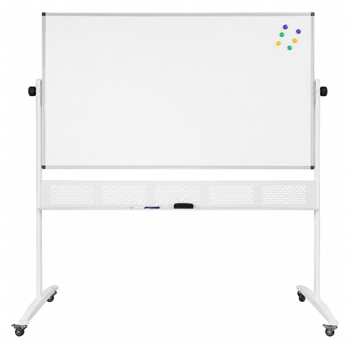 Front product view of the Rapidline Standard Mobile Magnetic Whiteboard 1500 x 1200mm on a clean white background. The complete unit displays its expansive aluminium framed magnetic surface, side pivot controls, integrated pen tray, perforated support panel, sturdy upright frame and four castors for convenient movement around professional and educational environments.