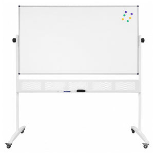 Front product view of the Rapidline Standard Mobile Magnetic Whiteboard 1500 x 1200mm on a clean white background. The complete unit displays its expansive aluminium framed magnetic surface, side pivot controls, integrated pen tray, perforated support panel, sturdy upright frame and four castors for convenient movement around professional and educational environments.