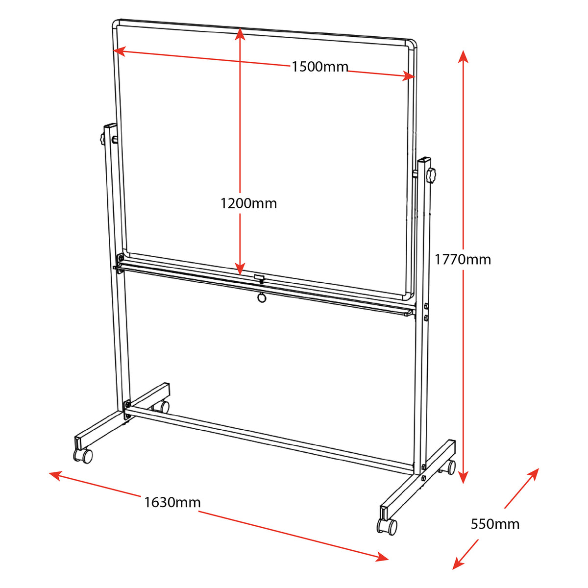 Technical dimension illustration of the Rapidline mobile magnetic whiteboard showing its 1500mm wide by 1200mm high writing surface. The diagram identifies the complete freestanding unit dimensions of 1630mm width, 1770mm height and 550mm depth, helping customers assess available floor space and suitability before purchase.