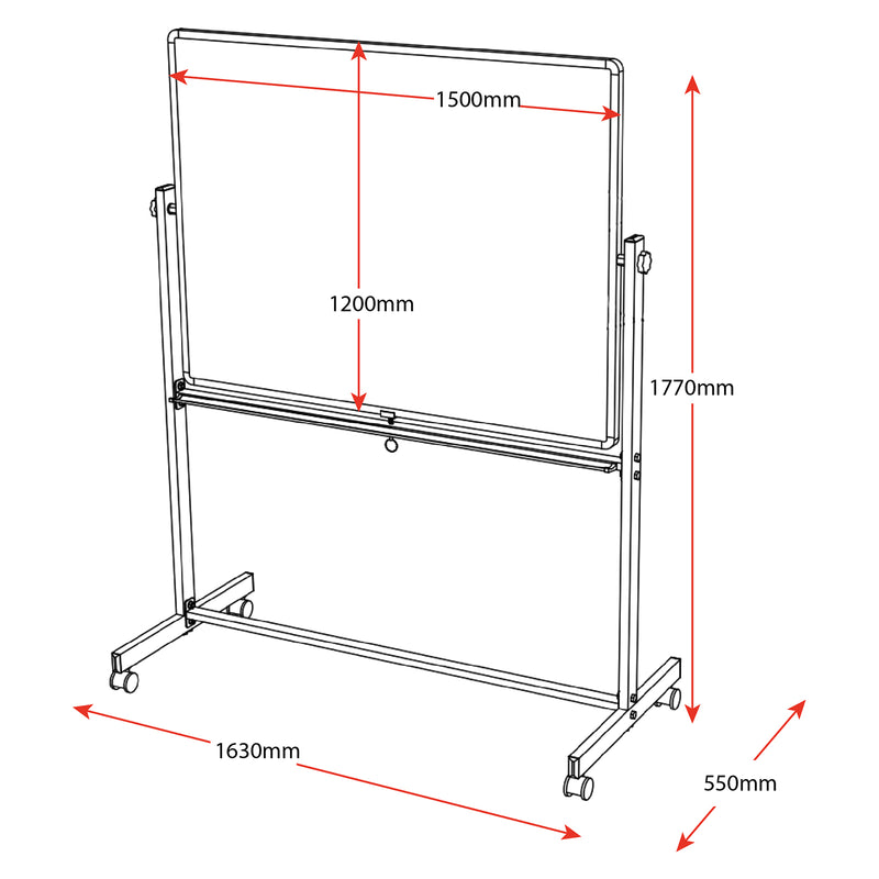Technical dimension illustration of the Rapidline mobile magnetic whiteboard showing its 1500mm wide by 1200mm high writing surface. The diagram identifies the complete freestanding unit dimensions of 1630mm width, 1770mm height and 550mm depth, helping customers assess available floor space and suitability before purchase.