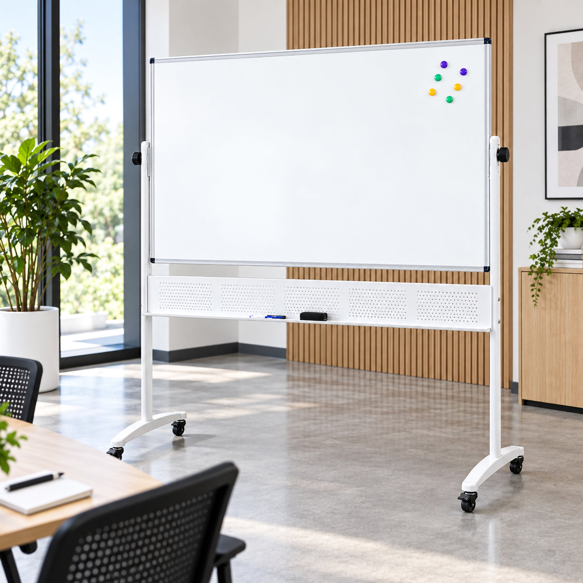 Rapidline Standard Mobile Magnetic Whiteboard positioned in a bright contemporary office meeting area. The large blank magnetic writing surface provides substantial room for presentations and planning, while colourful magnets, the aluminium frame, integrated accessory tray, pivot controls and mobile castor stand highlight its versatile professional design.