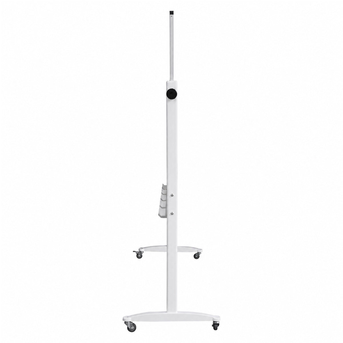 Side profile product view of the Rapidline Standard Mobile Magnetic Whiteboard against a clean white background. The narrow perspective highlights the freestanding upright frame, pivot adjustment control and mobile castor base, providing a useful view of the board depth and construction when positioned within an office, classroom or training space.