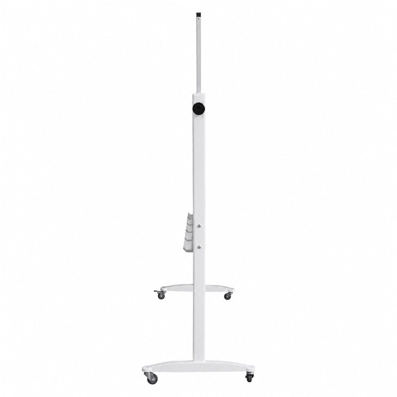 Side profile product view of the Rapidline Standard Mobile Magnetic Whiteboard against a clean white background. The narrow perspective highlights the freestanding upright frame, pivot adjustment control and mobile castor base, providing a useful view of the board depth and construction when positioned within an office, classroom or training space.