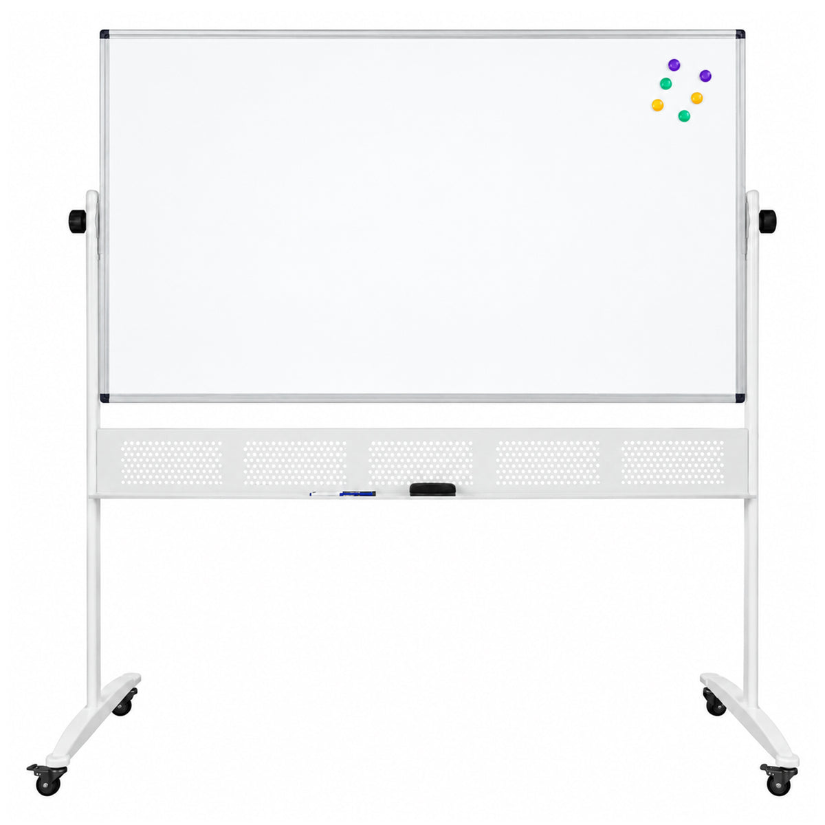 Front product view of the Rapidline Standard Mobile Magnetic Whiteboard 1500 x 900mm against a clean white background. The complete unit shows its wide aluminium framed magnetic writing surface, side pivot controls, integrated pen tray, perforated support panel, white upright frame and castor equipped feet for convenient movement between work areas.