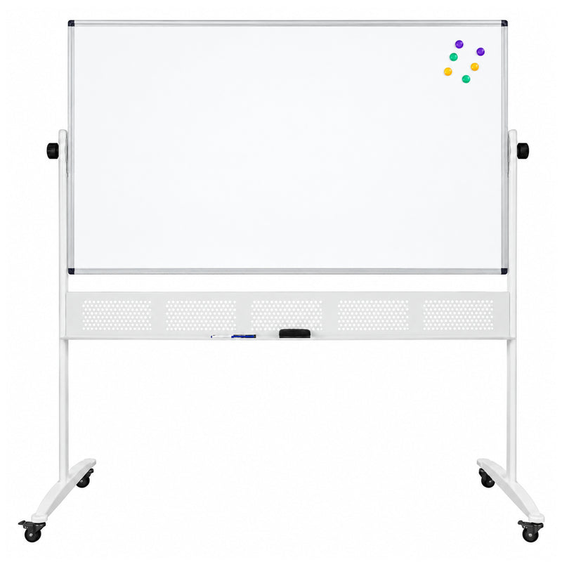 Front product view of the Rapidline Standard Mobile Magnetic Whiteboard 1500 x 900mm against a clean white background. The complete unit shows its wide aluminium framed magnetic writing surface, side pivot controls, integrated pen tray, perforated support panel, white upright frame and castor equipped feet for convenient movement between work areas.