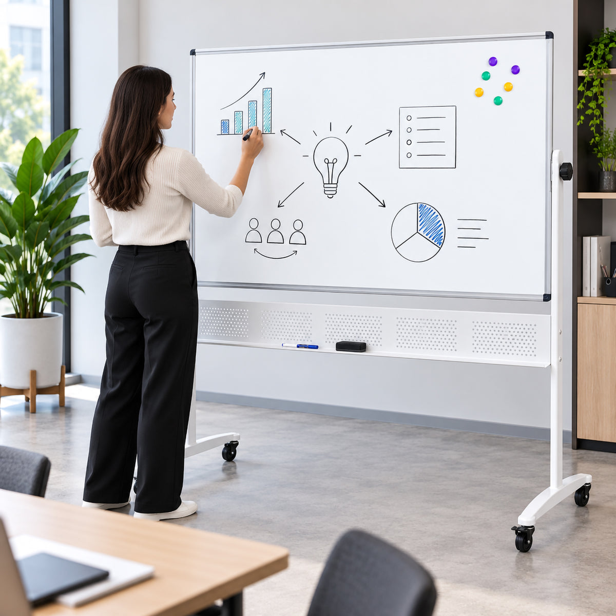 Rapidline Standard Mobile Magnetic Whiteboard 1500 x 900mm being used in a bright modern office. A person writes business diagrams, a chart and planning ideas across the wide magnetic surface, demonstrating the generous workspace available for presentations, brainstorming and collaborative meetings. The aluminium framed board is supported by a freestanding mobile base with castors.