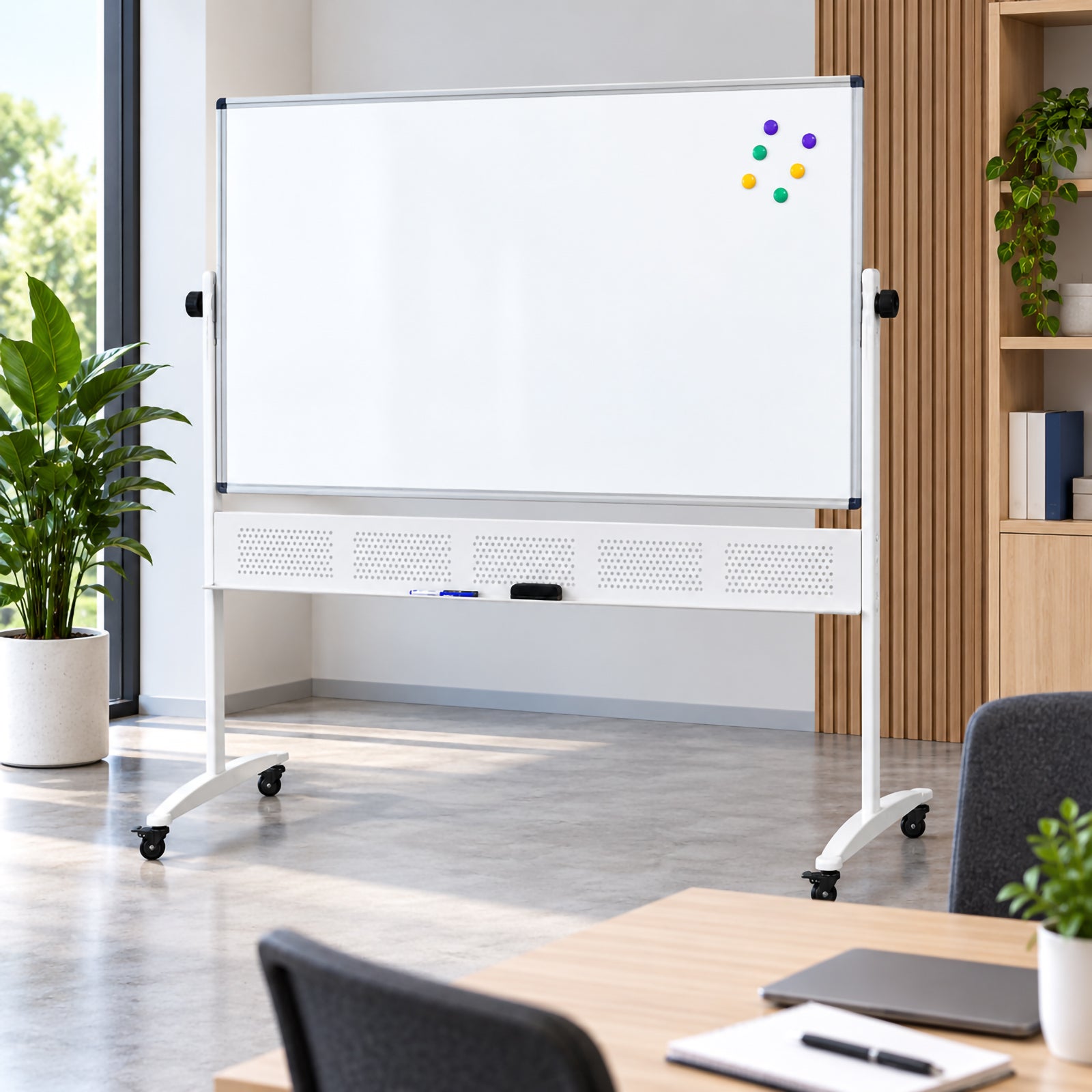 Rapidline Standard Mobile Magnetic Whiteboard 1500 x 900mm positioned in a contemporary meeting room with natural light and office furniture. The clean magnetic writing surface includes colourful magnets while the wide aluminium frame, pivot controls, accessory tray and mobile castor stand demonstrate a flexible presentation solution for professional shared spaces.