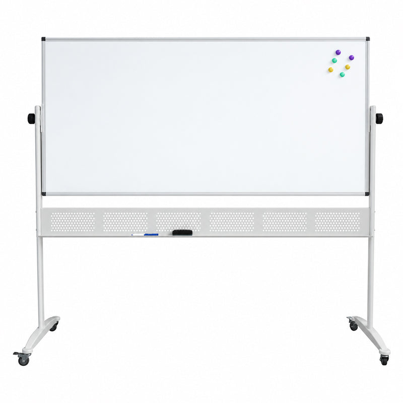 Front product view of the Rapidline Standard Mobile Magnetic Whiteboard 1800 x 1200mm against a clean white background. The complete unit displays its extra large aluminium framed magnetic surface, side pivot controls, integrated pen tray, perforated support panel, sturdy upright frame and castors for movement throughout professional and educational spaces.