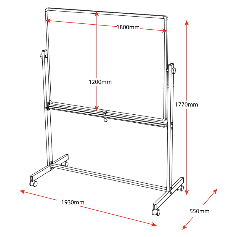 Technical dimension diagram of the Rapidline Standard Mobile Magnetic Whiteboard showing the 1800mm wide by 1200mm high writing surface. The complete mobile unit measures 1930mm wide, 1770mm high and 550mm deep, providing clear dimensional information to assist with room layout, access requirements and workspace planning.