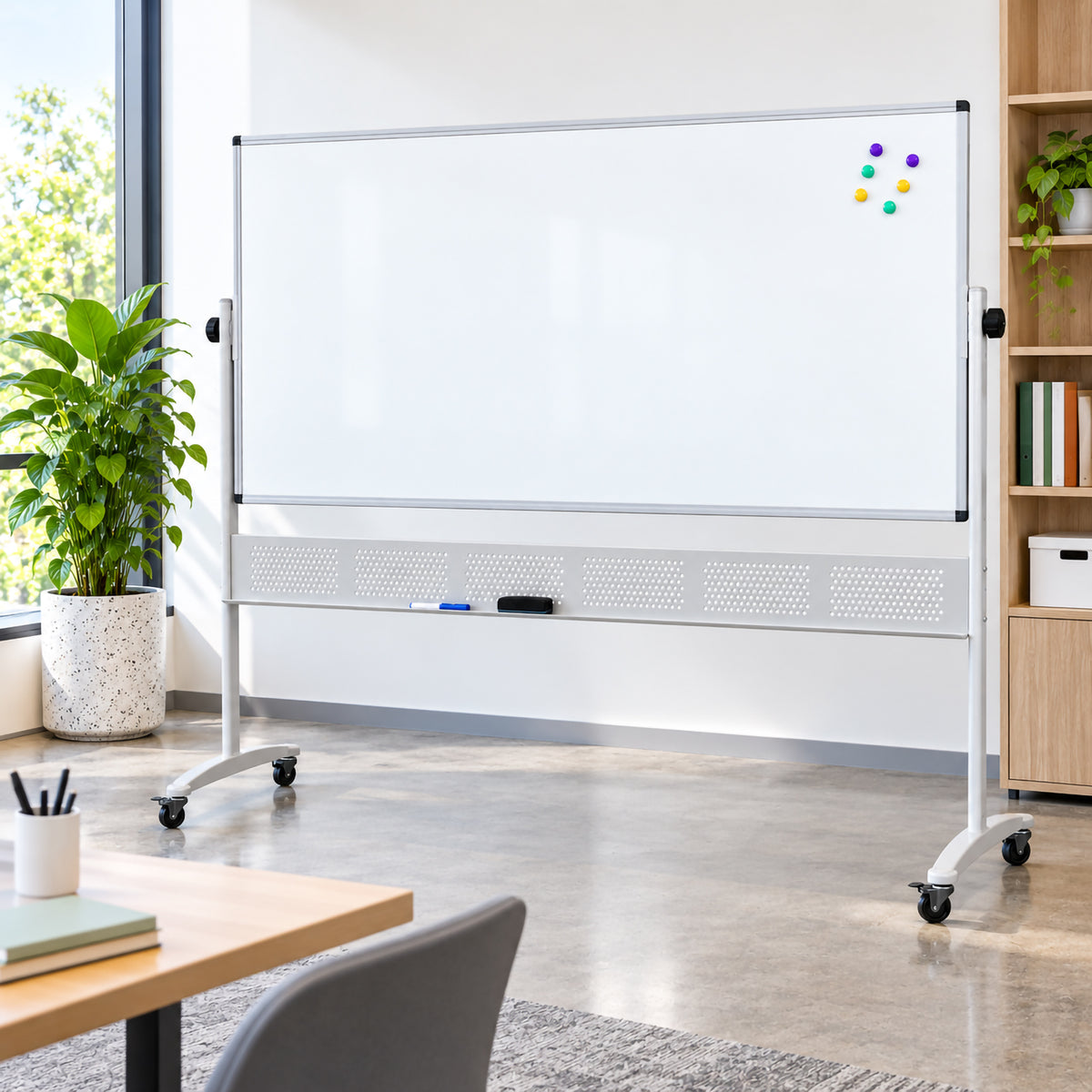 Rapidline Standard Mobile Magnetic Whiteboard 1800 x 1200mm positioned in a bright contemporary office without a person. The large clean magnetic surface features colourful magnets, while the aluminium frame, side pivot controls, full width accessory tray and castor equipped mobile stand show a spacious presentation solution for meetings, training and collaborative planning.